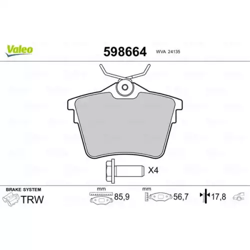 VALEO Arka Fren Balatası Tk 598664