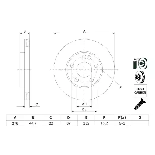 BOSCH Ön Fren Diski 276mm Havalı Kaplamalı Takım 0986479186