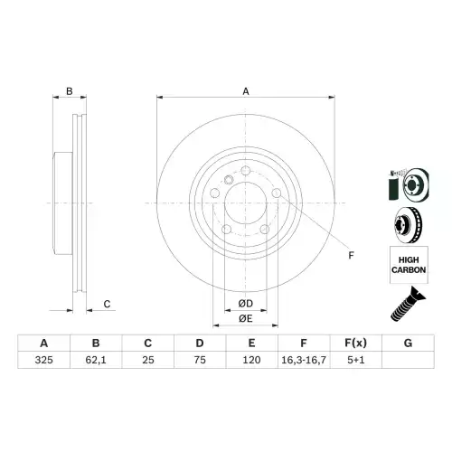 BOSCH Ön Fren Diski 325mm Havalı Yüksek Karbon Alasımlı 0986479348