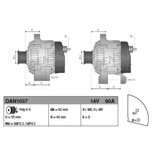 DENSO Alternatör r 12 V 90A DAN1037