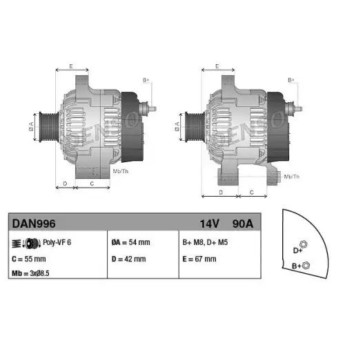 DENSO Alternatör r 12 V 90A DAN996