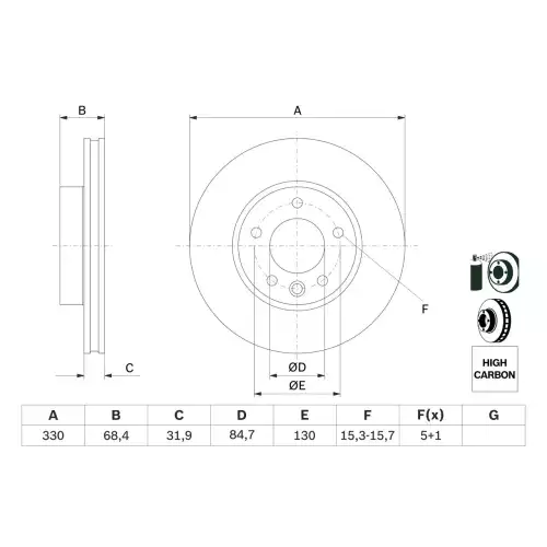 BOSCH Ön Fren Diski Sağ 330mm Havalı Yüksek Karbon Alası 0986479250