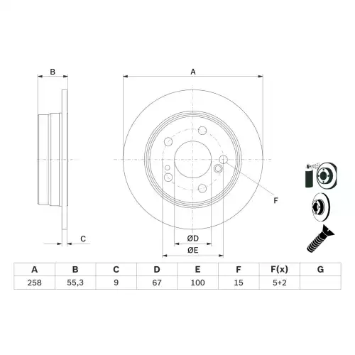 BOSCH Arka Fren Diski Düz 258.2 mm Takım 0986478188